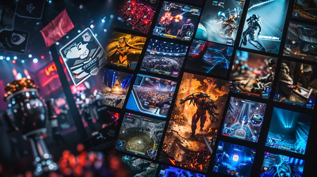 The image is a collage of various scenes from video games. In the foreground, a blurry image shows a trophy and a crowd of people, hinting at a gaming competition. The collage features different game genres, from futuristic shooters to space battles, with vibrant colors and dynamic scenes.  The image captures the excitement and energy of the gaming world.
