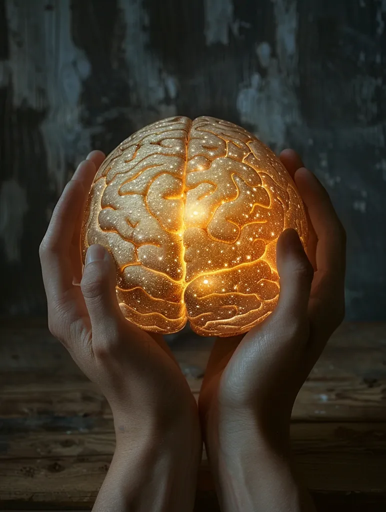 Two hands gently cradle a glowing human brain, its surface resembling a starry night sky. The brain is the central focus, suggesting the importance of thought and knowledge.  The dimly lit background adds to the sense of mystery and contemplation.
