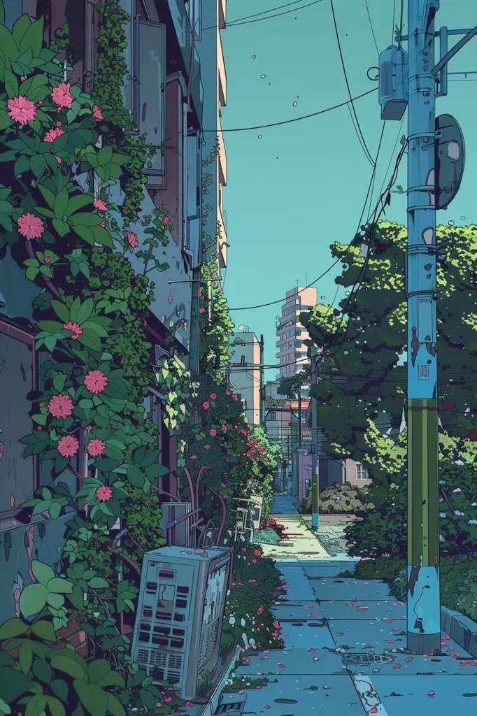 The image depicts a narrow alleyway in a Japanese city, with lush greenery on both sides. The alley is lined with buildings and a utility pole with wires running overhead. The walls are faded and textured, with some damage visible. A large air conditioner sits on the ground, partially hidden by foliage. There is a sense of peacefulness and tranquility in the image.