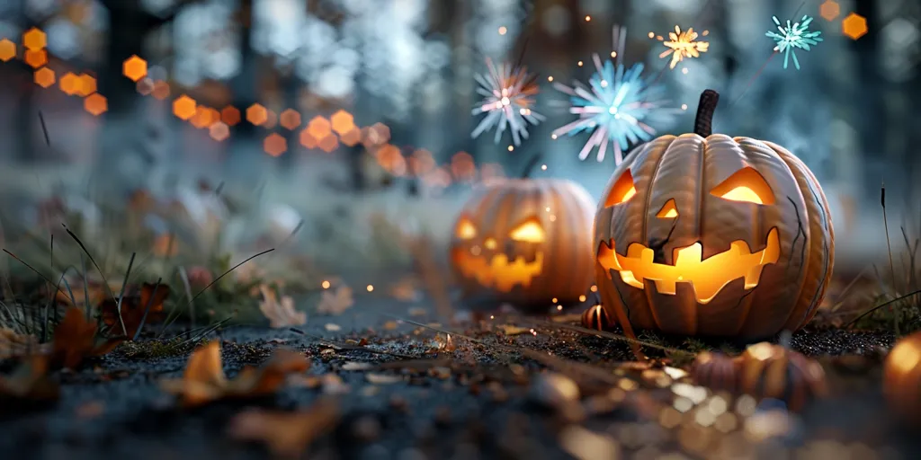 A jack-o'-lantern with a glowing face sits in the foreground, illuminated by the soft glow of nearby fairy lights. A second jack-o'-lantern, partially obscured by foliage, sits in the background. Both pumpkins are nestled amongst fallen leaves, creating an autumnal scene.  A blurred background of trees and distant lights adds to the festive atmosphere.  The image captures the magic and wonder of Halloween.
