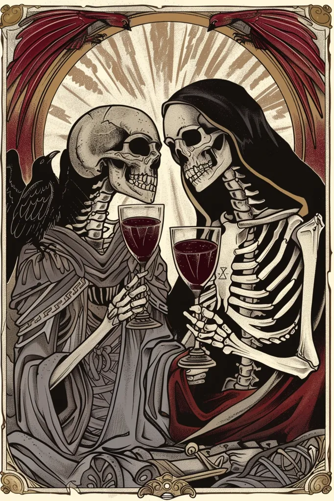 The image depicts two skeletons in an elegant setting, raising a toast with goblets of red wine.  They are dressed in ornate robes and surrounded by intricate details, including a raven and a pair of red birds. The image is a darkly whimsical portrayal of mortality and the inevitability of death. The background is a soft, glowing light, which contrasts with the skeletal figures.  The overall mood is both somber and celebratory.