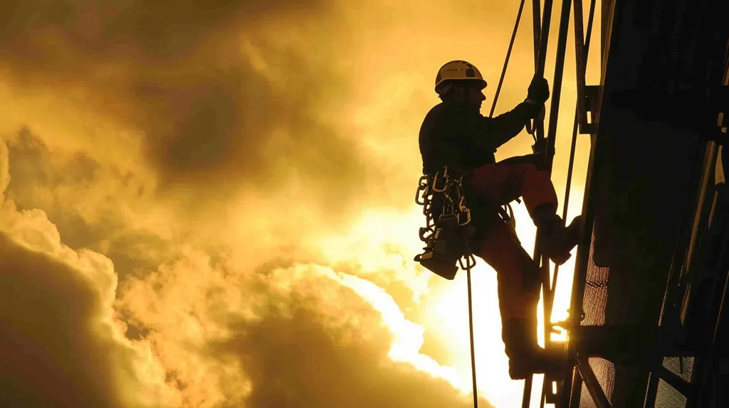 A worker, silhouetted against a golden sky, climbs a metal structure. The worker is harnessed and secured with ropes, suggesting a potentially hazardous job. The sky is filled with fluffy clouds, bathed in warm, late afternoon light. The image portrays a sense of danger, determination, and a sense of accomplishment.