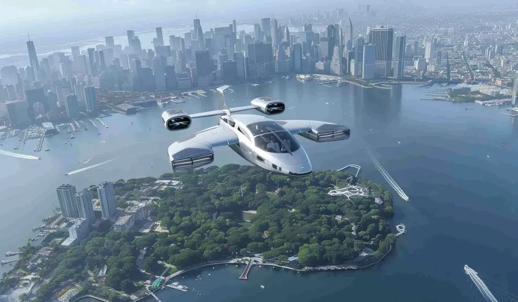 A futuristic, white, electric aircraft flies over a large city, most likely New York City. It has large propellers and a streamlined design. The city skyline is visible in the distance, with buildings and water surrounding the aircraft. The aircraft is flying over a small island with lush green trees. The image presents a vision of urban air mobility with clean and efficient transportation.