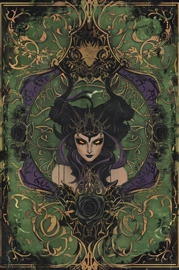 A woman with dark hair, horns, and a crown sits in the center of the image. She has piercing yellow eyes and her mouth is slightly open. She is surrounded by an intricate, ornate frame in gold, purple, and green. The background is a green and gold pattern with a black rose in the bottom center. The overall image has a dark, mystical, and feminine aesthetic.