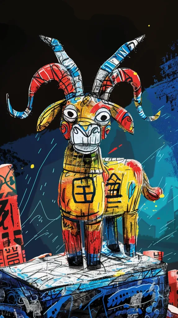 A brightly colored, stylized goat stands on a platform against a dark blue background. The goat has large horns and a playful expression. It is painted in shades of yellow, red, blue, and black, with intricate details and patterns. The platform is also decorated with colorful paint and textures. The overall image is bold and playful, with a hint of whimsy.