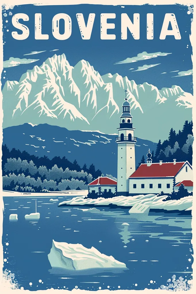 The image is a vintage travel poster for Slovenia. It features a tall white lighthouse standing on a rocky shore with a red roofed building to its side. Behind them is a forest and a snow-capped mountain range. The poster has a blue and white color scheme and a faded, distressed look.