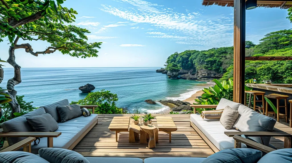 The image shows a wooden deck with comfortable white couches and a coffee table overlooking a beautiful ocean bay.  The blue water is crystal clear, with a sandy beach and lush green vegetation on the surrounding hills. A large tree branches over the deck, casting shade. The wooden beams of a building are visible in the background.  The image conveys a sense of peace and relaxation, with a stunning view of nature.