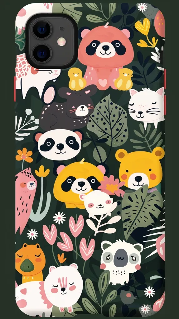 This phone case features a vibrant design with a multitude of adorable cartoon animals, including pandas, bears, cats, and bunnies. They are nestled amidst a lush green foliage, adorned with pink hearts and flowers. The phone camera is visible in the top left corner.  The overall aesthetic is playful and cheerful, making it a fun and eye-catching accessory.