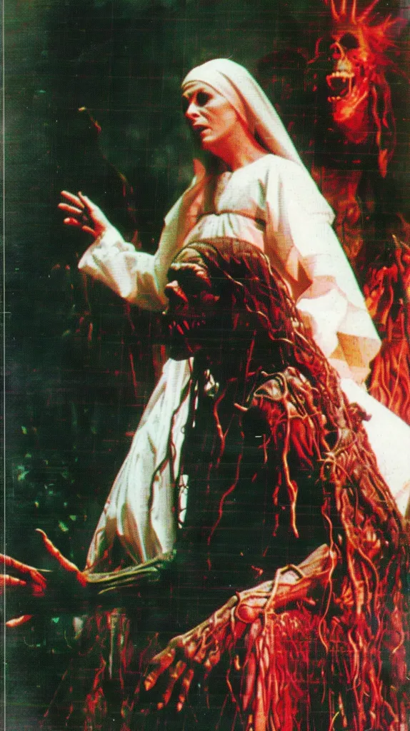 A woman in a white robe and a white head covering stands with her arm raised, her face looking away. Behind her is a monstrous creature,  covered in red vines with a skeletal, monstrous face that is partially obscured in the shadows. The scene appears to be set in a dark and mysterious forest.