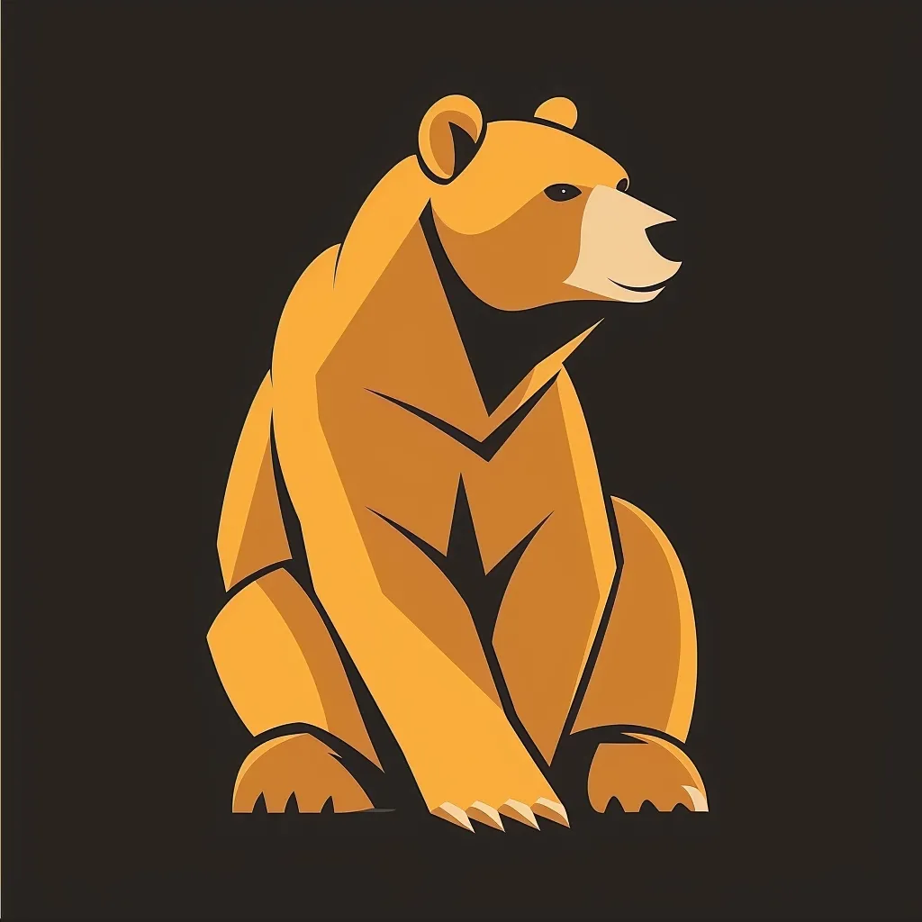 The image depicts a stylized brown bear sitting on a black background. The bear is facing to the right, with its head turned slightly towards the viewer. The bear's fur is depicted in a simple, solid brown color, with no shading or texture. The bear's claws are prominent and sharply drawn. The image has a simple, almost cartoonish style.