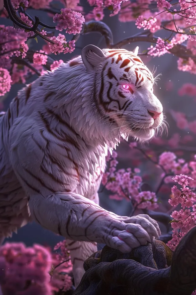 A majestic white tiger with piercing pink eyes stands amidst a vibrant display of pink cherry blossoms. Its fur is soft and fluffy, and its stripes are prominent. The tiger's paw rests on a gnarled tree branch, suggesting a moment of quiet contemplation in the serene setting. The image evokes a sense of beauty and tranquility, highlighting the harmonious coexistence of nature and its powerful inhabitants.