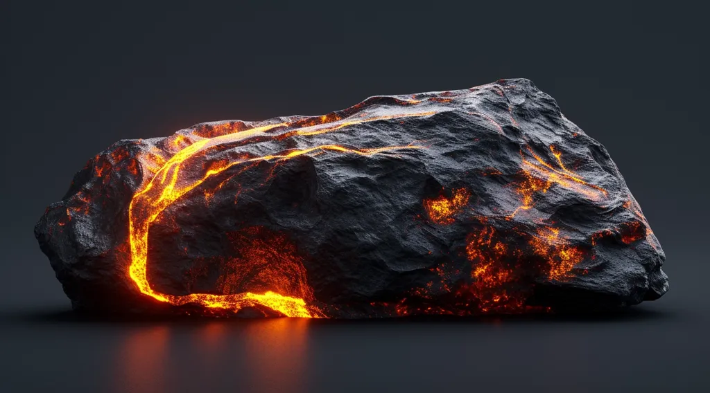 A large, dark, and jagged rock sits on a black surface. The rock is illuminated from within by a bright, flowing stream of orange lava that is visible throughout its surface. The lava creates a striking contrast against the dark rock and provides a sense of heat and energy.