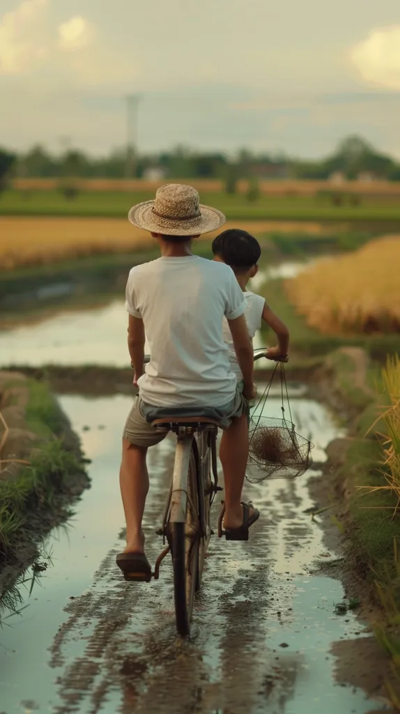 Two people are riding a bicycle on a muddy path. The person in the front is wearing a straw hat and a white shirt. The person in the back is wearing a white shirt and has their head turned to the side. The bicycle has a basket on the back. The path is surrounded by green grass and the sky is a soft blue.