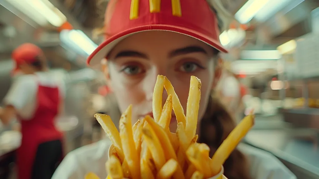 A young person wearing a red visor with a McDonald's logo is holding a container of french fries in front of their face. The fries are in focus, while the person's face and the background are blurred. The person appears to be excited to eat the fries. The setting is a fast food restaurant.