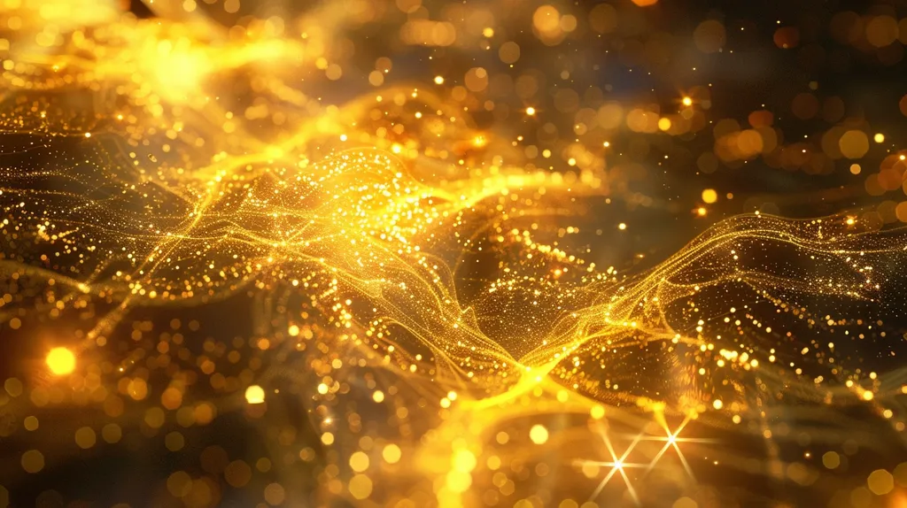 The image depicts a shimmering, golden landscape with a soft, ethereal glow.  The scene is composed of swirling, abstract shapes that resemble flowing fabric or a celestial nebula.  Tiny, luminous particles dance within the waves, creating a mesmerizing, almost hypnotic effect. The background is a deep black, further emphasizing the brilliance of the gold.  Overall, the image evokes a sense of grandeur, beauty, and magical wonder.
