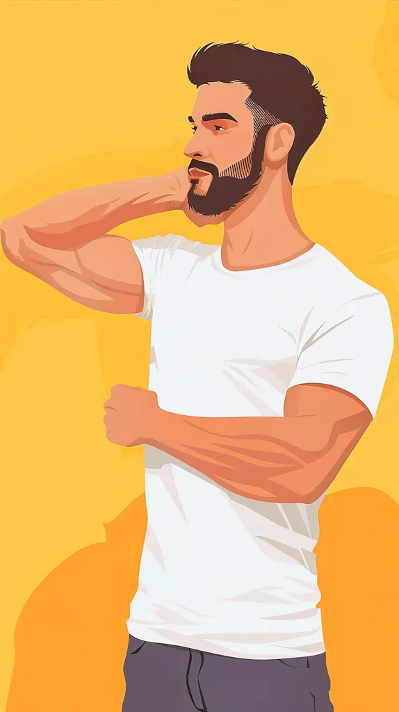 The image is a digital illustration of a man with short, dark hair and a beard. He is wearing a white t-shirt and blue jeans. He is looking off to the side with a serious expression. The background is a bright yellow color. The man appears to be muscular and has a confident posture.