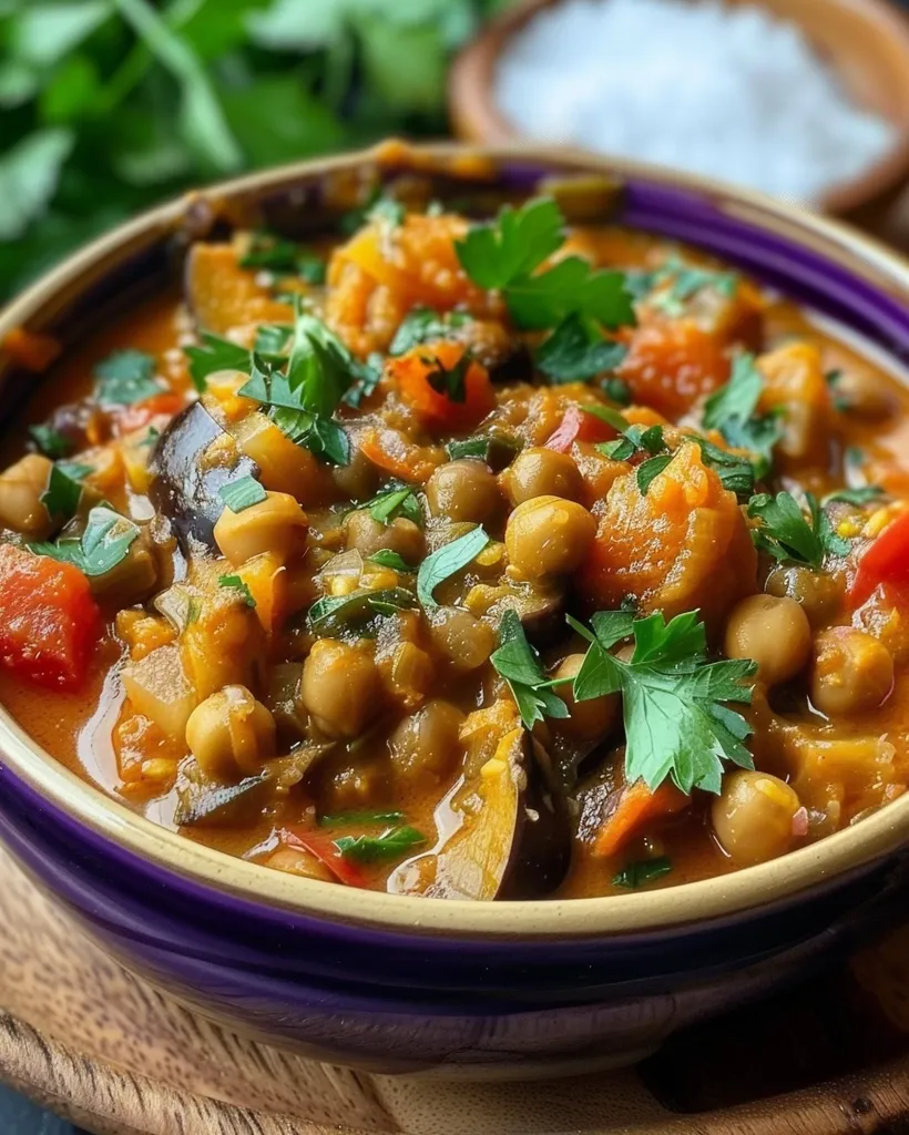 A bowl of hearty stew with chickpeas, eggplant, and sweet potato. The stew is topped with fresh parsley and a hint of red pepper. It appears to be a rich, savory dish with a vibrant, earthy flavor profile. The bowl is purple, adding a touch of color to the composition.  The stew is resting on a wooden surface.