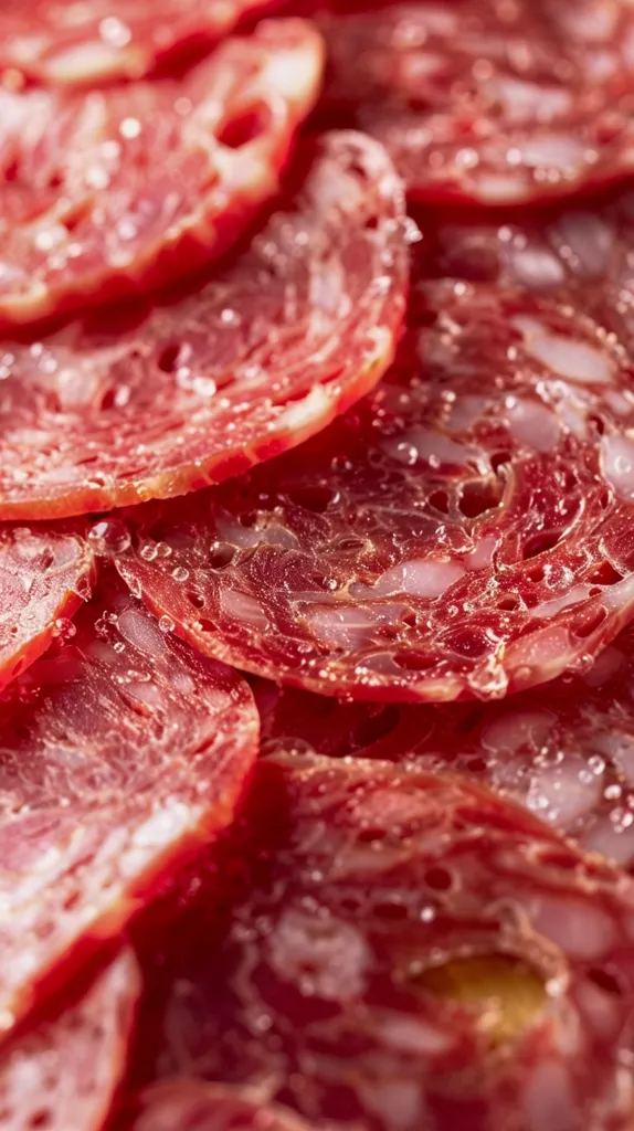 Close-up shot of thinly sliced, cured salami. The red meat is glistening with oil and has a marbled appearance. The slices are piled high, creating a tempting and savory scene.