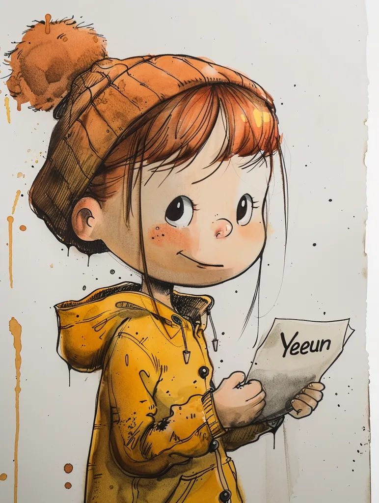 A cartoon illustration of a girl with big eyes and a sweet smile. She is wearing a yellow raincoat, an orange beanie with a pompom, and holding a piece of paper with the name "Yeeun" written on it. The image has a playful and whimsical style, with splatters of paint adding a touch of texture.