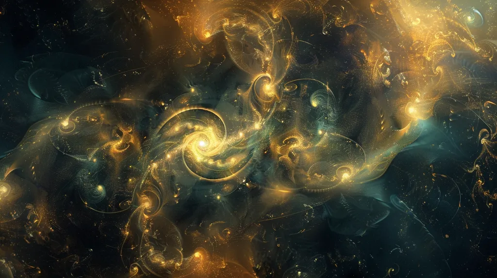 The image is an abstract depiction of a cosmic scene. It features swirling golden and teal nebulae, with sparkling dust and light. A central spiral, glowing with light, suggests a celestial event or the birth of a star. The overall impression is of a vibrant, energetic space filled with mystery and wonder.