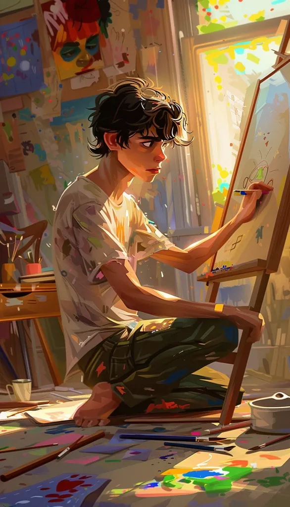 A young artist, with dark hair and a focused expression, sits hunched over an easel, meticulously drawing on a canvas with a vibrant red paintbrush. The room is filled with colorful artwork, scattered paints, and an abundance of natural light streaming in through a window. The artist's attire is a white t-shirt covered in paint splatters, a testament to their creative energy. The image captures the raw and intimate moment of artistic creation, with a hint of whimsical chaos.