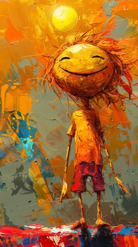 The painting features a stylized human figure with a large, smiling face, surrounded by bright colors and abstract shapes. The figure is painted in a loose, expressive style, with thick brushstrokes and a vibrant palette of yellow, orange, red, and blue. The background is a chaotic mix of colors and shapes, suggesting a sense of energy and movement. The overall impression is one of joy and optimism.