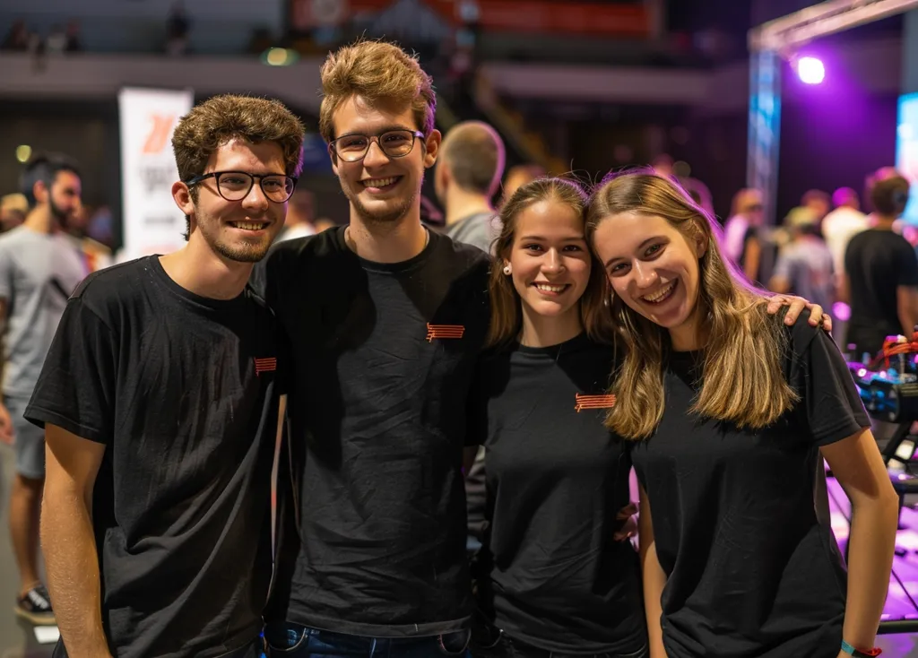 Four young adults, two male and two female, are standing together in a crowded event space. They are all wearing black t-shirts with a red and orange stripe design. They appear to be friends, smiling and laughing together. The background is blurred, showcasing a lively atmosphere. The image captures a moment of camaraderie and joy among the group.