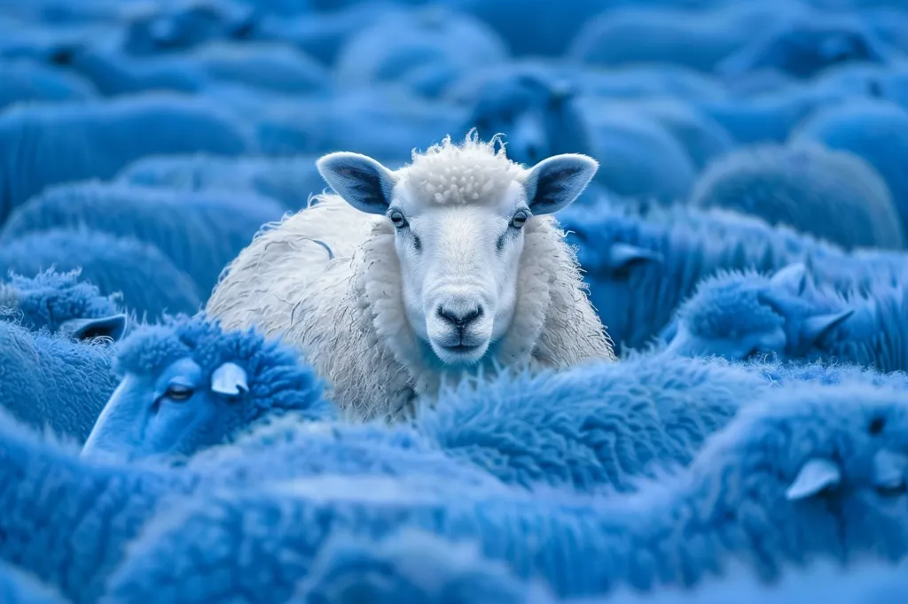 A single white sheep stands out amongst a crowd of blue sheep. The white sheep's face is visible, looking directly at the viewer, while the blue sheep are blurred and out of focus. The image represents the concept of being different or an outsider.