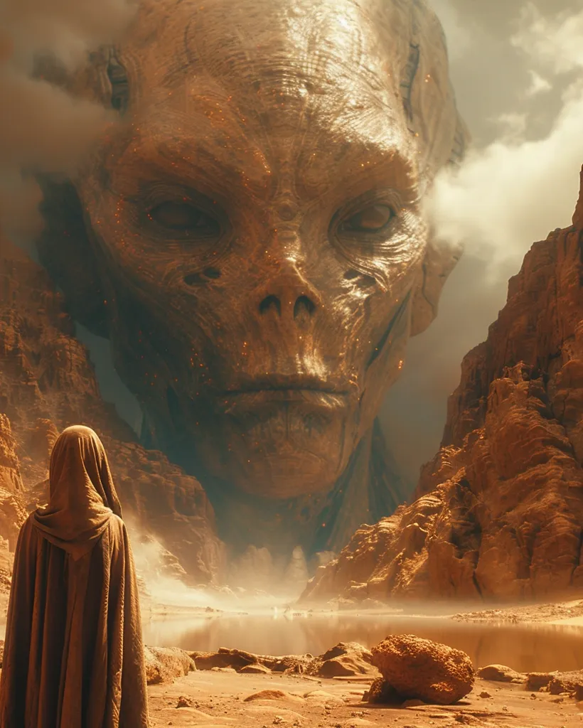 A giant alien head looms over a desolate, rocky landscape. Its skin is rough and textured, with piercing eyes and a stern expression. A hooded figure, dwarfed by the alien's size, stands in the foreground, gazing up in awe or fear. The scene is bathed in a warm, dusty light, creating an atmosphere of mystery and wonder.