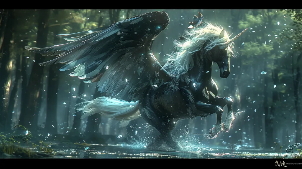 A majestic black unicorn with flowing white mane and a single, spiraled horn gallops through a misty forest. Its powerful wings, a blur of feathers and starlight, propel it forward, creating a spray of water as it leaps over a shallow stream. The unicorn is bathed in an ethereal glow, surrounded by falling, translucent petals that shimmer in the air. The scene evokes a sense of magic and wonder.