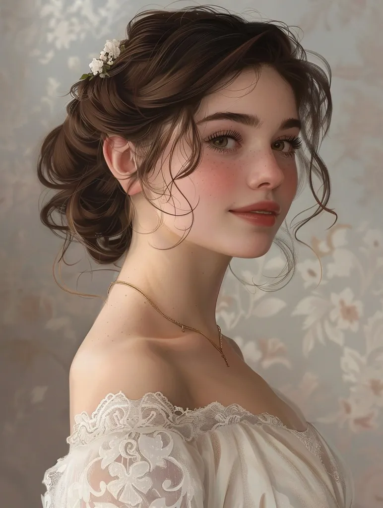 A young woman with long, brown hair styled in a loose bun adorned with white flowers, gazes gently towards the viewer.  She wears a delicate gold necklace and a white, lace-trimmed dress, creating a soft and ethereal aesthetic. The background features a muted floral pattern, adding to the romantic and dreamy atmosphere. Her expression is both innocent and captivating, hinting at a gentle and kind spirit.