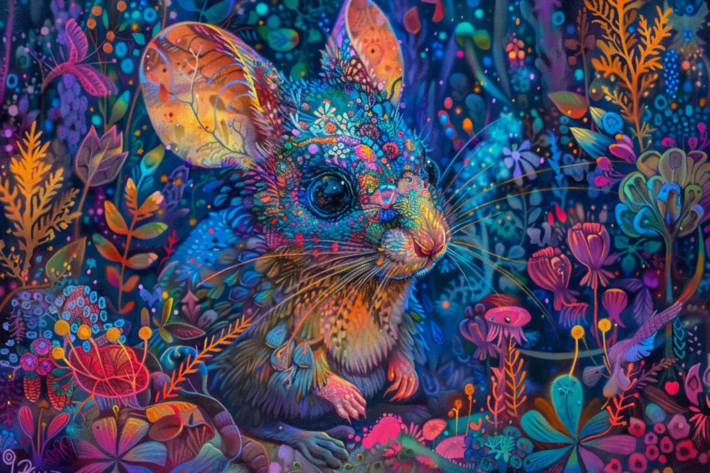 A vibrant, psychedelic painting depicts a large-eared mouse with a colorful, intricate pattern. The mouse sits amidst a dense forest of fantastical, bioluminescent plants and flowers, radiating a sense of wonder and otherworldly beauty. The background is a swirling sea of neon hues, emphasizing the surreal atmosphere.