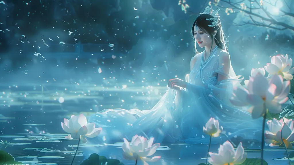 A woman in a white dress and a jeweled crown sits in a pond with blooming lotus flowers. The water is a light blue and sparkles with tiny light particles. The scene is ethereal and dreamlike.  The woman's gaze is downcast, and her expression is serene. She appears to be lost in thought.