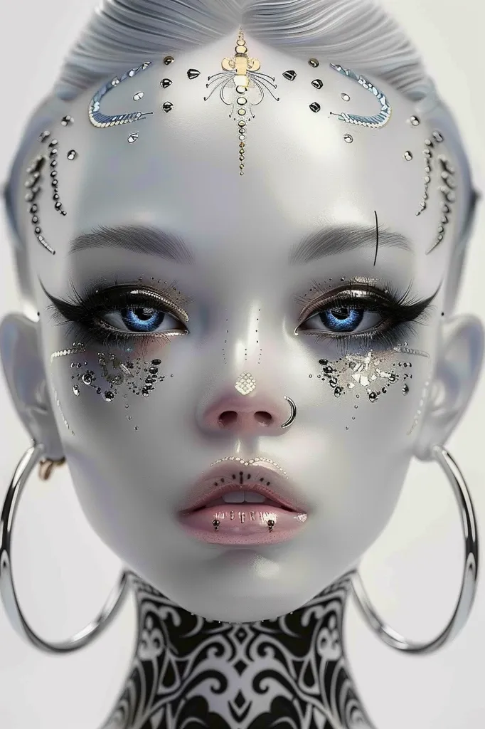 The image is a close-up portrait of a woman with pale skin, large blue eyes, and a variety of piercings and body modifications. Her face is adorned with intricate patterns of glitter and jewels, and she wears large hoop earrings. Her lips are painted a glossy pink, and she has a tattoo of a complex design around her neck. The overall effect is a striking and avant-garde aesthetic.