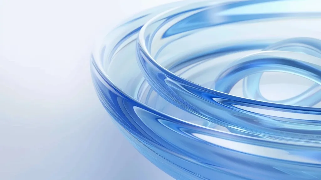 The image is an abstract close-up of a swirling blue glass object. The light reflects off the smooth surface creating a sense of depth and movement. The background is a light blue, contrasting with the darker shades of blue in the foreground. The image evokes feelings of fluidity, energy, and sophistication.