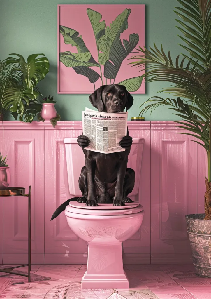 A black dog sits on a pink toilet in a bathroom with pink walls and floor. The dog is holding a newspaper with its paws and looking at the camera. The bathroom has a framed picture of green palm leaves on a pink background on the wall, and there are houseplants in the background.