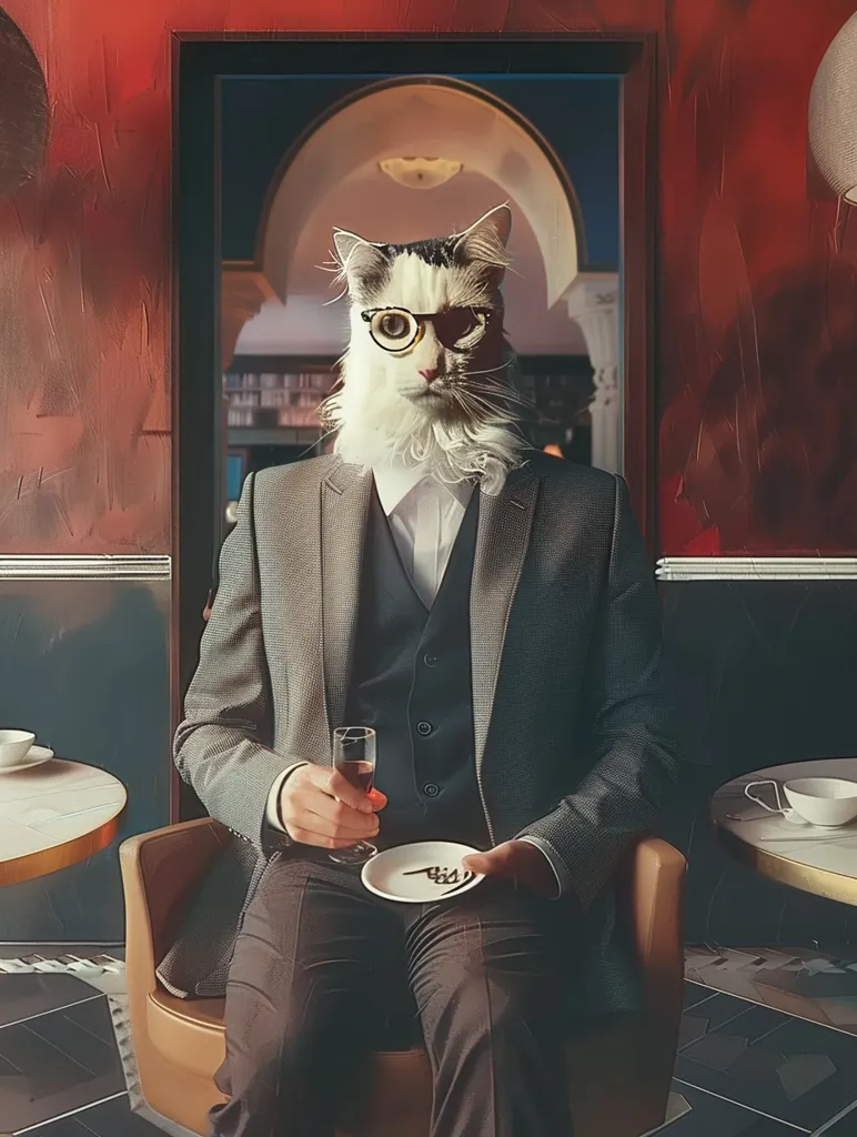 A cat in a suit and tie sits on a brown leather chair. He's wearing glasses and holding a small saucer in one hand. A glass of red wine sits in his other hand. The cat is in a dimly lit room, and the background is blurred. He appears to be enjoying his drink.