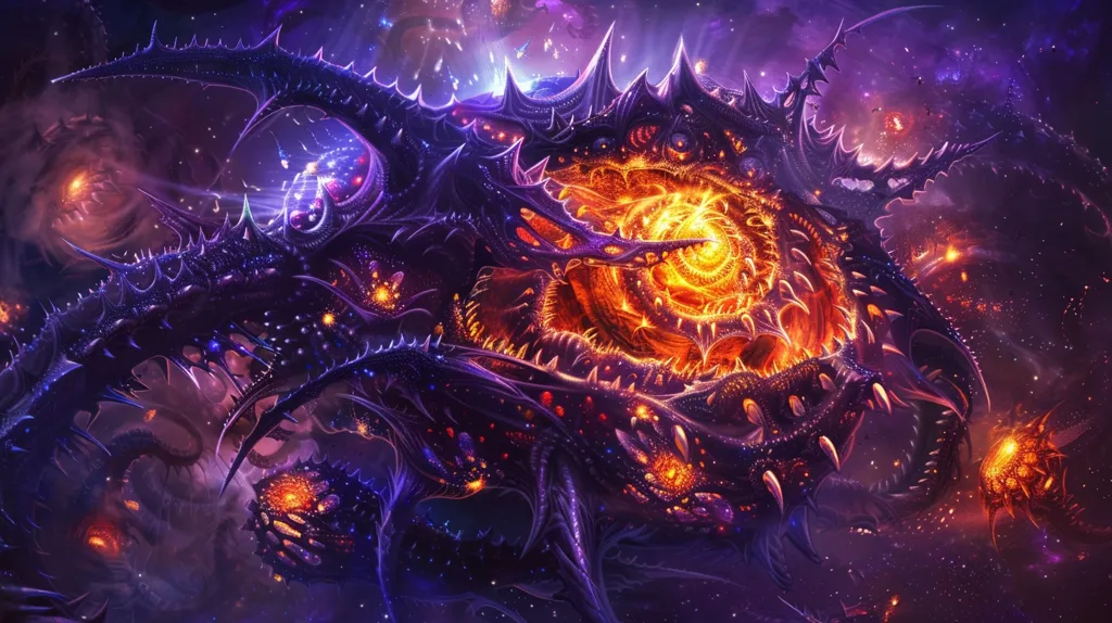 A large, otherworldly creature with a spiky, bioluminescent exterior floats in a dark, starry sky. The creature's central eye is a swirling vortex of fiery orange and yellow, pulsing with energy. Smaller, similar creatures dot the background, creating a surreal and unsettling scene.  The image evokes a sense of cosmic power and the vastness of the universe.