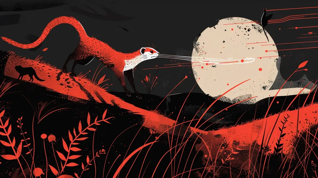 The image is a stylized illustration of a red fox walking through a grassy field under a large, full moon. The fox is in the foreground, facing right, with its tail curled over its back. The background is a dark, textured landscape with a large, white moon in the top right corner. The moon is surrounded by black lines and dots. The illustration is created with a minimalist style, with bold lines and contrasting colors. The image evokes a sense of mystery and intrigue.  The moon is large, dominating the top right corner of the image. It appears as a large, white circle with a textured surface and a few black dots scattered on it. The moon is surrounded by several black lines that seem to be shooting out from it. In the background, a bird is flying away from the moon. It is in silhouette, with its wings spread out. In the bottom left corner, there is a smaller, black cat running away from the fox. The cat is in silhouette, with its tail curled up. The fox's tail is curled over its back, and its head is turned to the right. The fox is in focus, while the background is blurry. The image is a mysterious and intriguing scene.  The image has a dark and mysterious feel, and it evokes a sense of wonder and awe. It seems as if the fox is on a journey, and the viewer is invited to follow along. The image is full of symbolism, and it can be interpreted in many different ways.