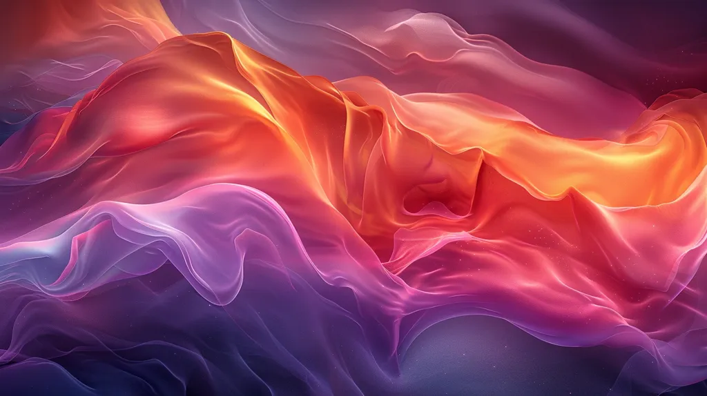 The image features a vibrant abstract design of flowing, translucent fabric in shades of pink, orange, and purple. The fabric appears to be layered, creating a sense of depth and movement. There are small, white dots scattered throughout the image, adding a subtle sparkle to the overall composition. The colors blend and shift, creating a dreamy and ethereal atmosphere.