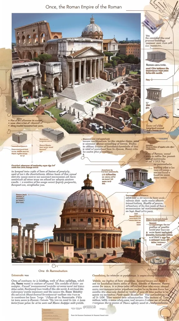 The image depicts a detailed illustration of the Roman Empire, featuring a reconstruction of the Roman Forum, the Pantheon, and other ancient structures. It highlights architectural elements like arches, columns, and domes, showcasing the grandeur and complexity of Roman urban planning.  Text surrounds the image providing historical information and descriptions of the depicted structures.  The illustration emphasizes the once vast and powerful nature of the Roman Empire.