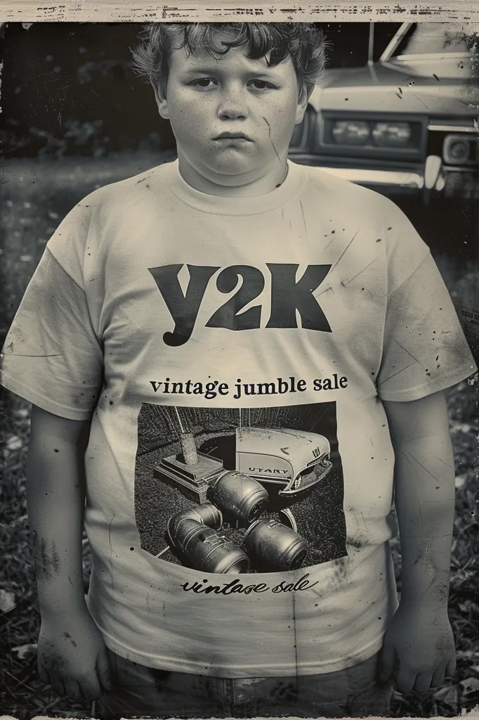 A young boy with short, brown hair is wearing a white t-shirt with a large black "Y2K" printed on the front.  The shirt also features a black and white design of an old car with "vintage jumble sale" written underneath it.  The photo is taken from the waist up and is in black and white with a grainy, faded texture, giving it a vintage feel.  The boy has a serious expression on his face and is looking straight ahead at the camera.  A car is partially visible in the background.  The overall image evokes a sense of nostalgia for the early 2000s.