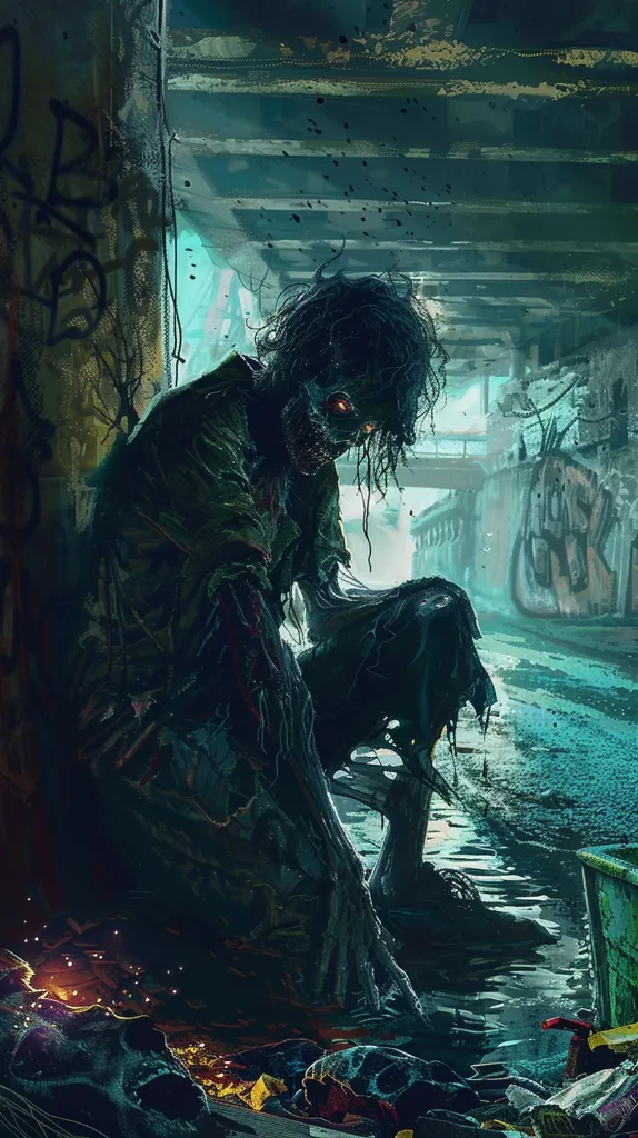 A grotesque, decaying figure with glowing red eyes crouches in the shadows of a graffiti-covered underpass. The creature, possibly a zombie, is shrouded in darkness, its skin peeling and rotten. The scene is set against a backdrop of a bleak and dilapidated urban environment, with a gritty and desolate atmosphere. The image evokes a sense of decay, fear, and the haunting presence of the undead.