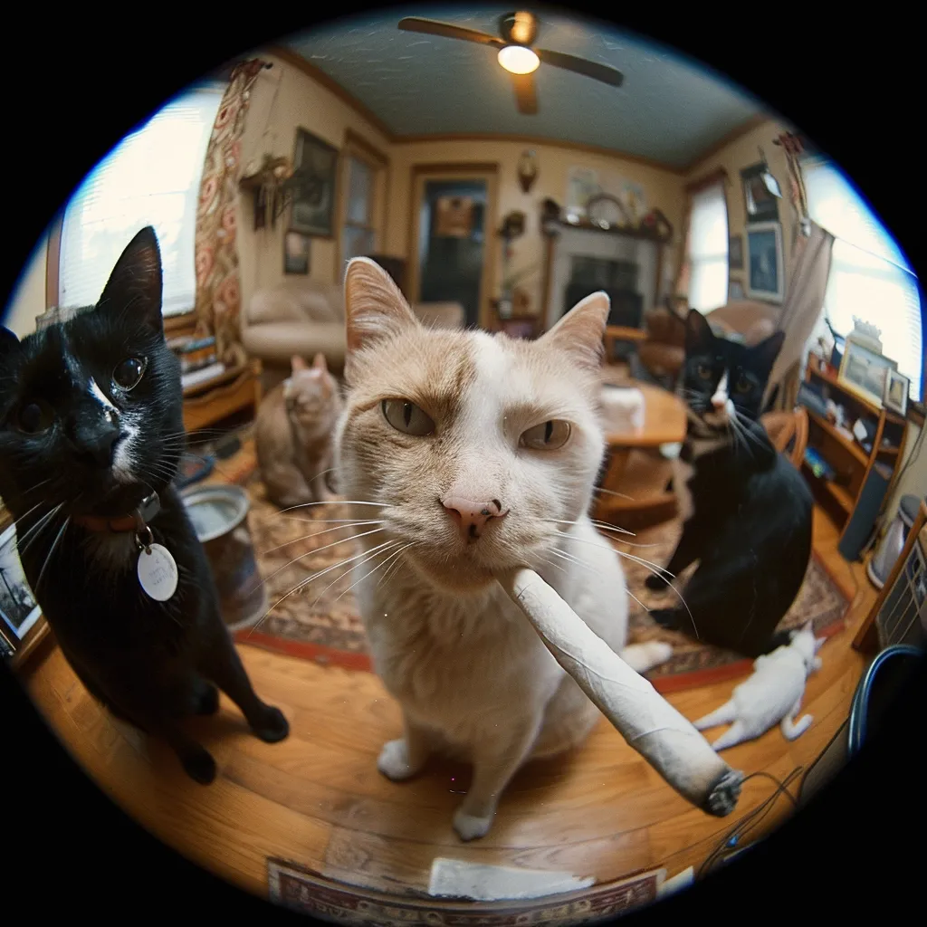 A fisheye lens captures a playful scene of three cats in a living room. A white and orange cat with a serious expression holds a rolled-up cigarette in its mouth, while a black cat sits behind it and a tabby cat lounges in the background. The image is filled with a quirky, candid energy, and the cat with the cigarette adds a touch of humor to the composition.