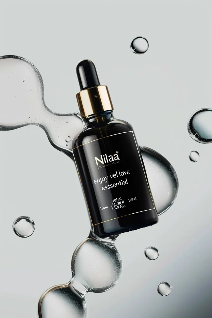 A black glass bottle with a gold cap sits on a gray background. The bottle is filled with a clear liquid and has the words "Nilaa" and "enjoy vel love essential" printed on its label. The bottle is surrounded by droplets of liquid, which seem to be floating and merging together.  The bottle is presented in a clean and minimalist fashion.