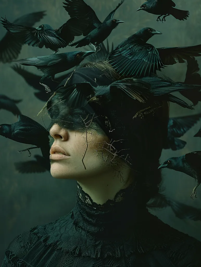 A woman with dark hair wears a black lace dress and a veil made of crows.  She looks away from the camera, her lips slightly parted.  The background is dark green and filled with crows in various poses, creating a sense of mystery and darkness.  The image is a study in shadows and contrasts, with a somber and slightly eerie atmosphere.