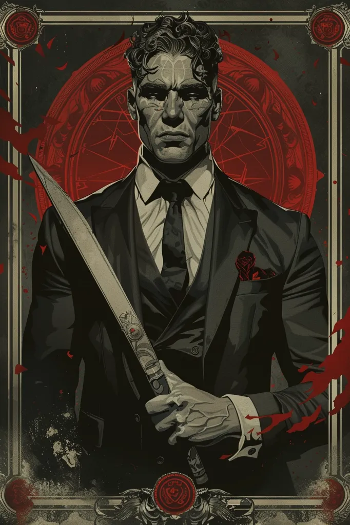 A man in a dark suit with a serious expression holds a silver-bladed weapon. He is positioned against a red and black background with a stylized circular design behind him.  His sharp features and the weapon suggest danger. The image is stylized and has a vintage feel.