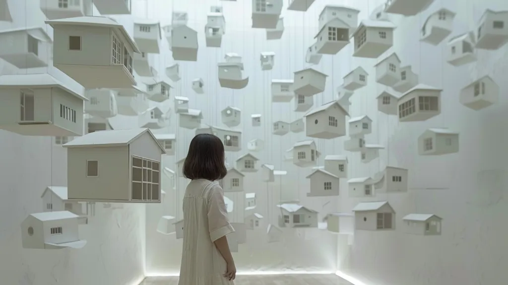 A young girl in a white dress stands in a white room with numerous miniature white houses hanging from the ceiling. The houses are all different shapes and sizes, and they create a surreal and dreamlike atmosphere. The girl's dark hair contrasts sharply with the white surroundings, and her gaze is fixed on the houses. The image evokes a sense of wonder and possibility, and it suggests a world where anything is possible.
