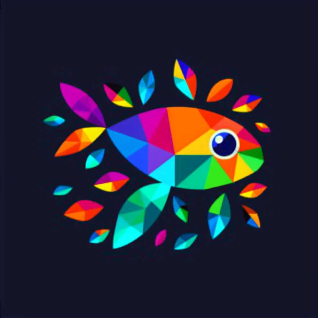 A vibrant, colorful fish made of geometric shapes swims amidst a cluster of leaves, all rendered in a rainbow of hues against a dark blue background. The fish's single eye stands out with a bright blue circle. The image is both playful and abstract, creating a dynamic visual experience.