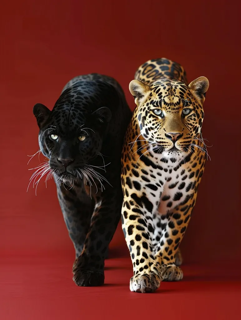 A black panther and a leopard walk side by side on a red background. The black panther has white whiskers and the leopard has blue eyes. They are both walking towards the camera with their heads held high. The black panther's fur is smooth and shiny, while the leopard's fur is more textured. The two animals create a striking contrast in color and pattern.